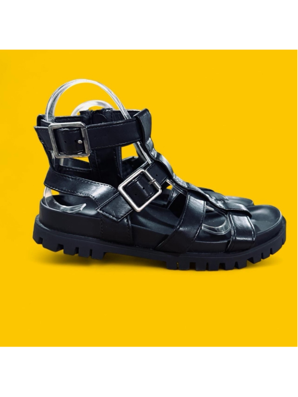 MIA Black Gladiator Sandal Women 7 Platform Chunky Lug Sole Strappy Zip Festival